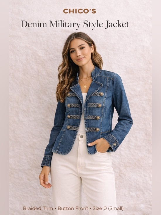 Chico's Jackets & Blazers - Chico’s Denim Military Style Jacket Braided Trim Button Front Size 0 (Small)